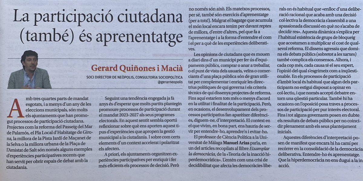 gerardneopolis's tweet photo. Avui opino sobre democràcia deliberativa i món local al Diari de Girona “La participació ciutadana (també) és aprenentatge” https://t.co/qIzHkNigjl #Neòpolis https://t.co/LRoVIX6fTI