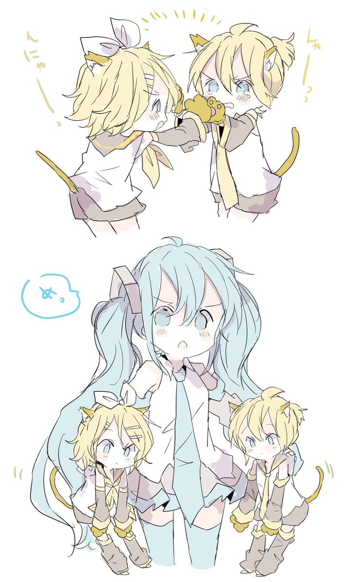 hatsune miku ,kagamine len ,kagamine rin multiple girls 1boy 2girls tail shirt animal ears necktie  illustration images