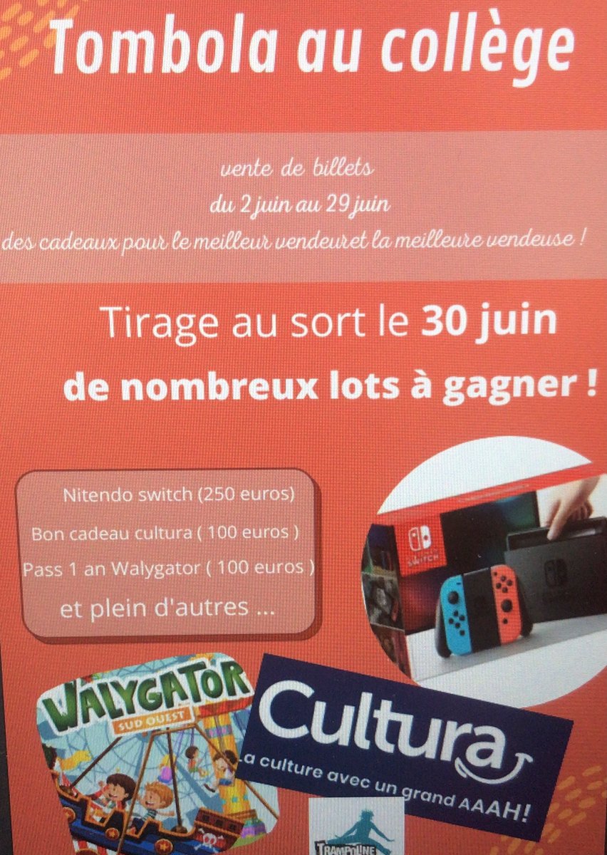 Le F.S.E du collège de Bouligny organise une tombola : l’argent récolté servira à financer du matériel et des événements culturels au collège ! Achetez et vendez des billets jusqu’au 29 juin et tentez de remporter une switch et bien d’autres cadeaux! <a href="/AS_clgBouligny/">AS BOULIGNY 🦊</a> <a href="/BoulignySvt/">SVT Bouligny</a>