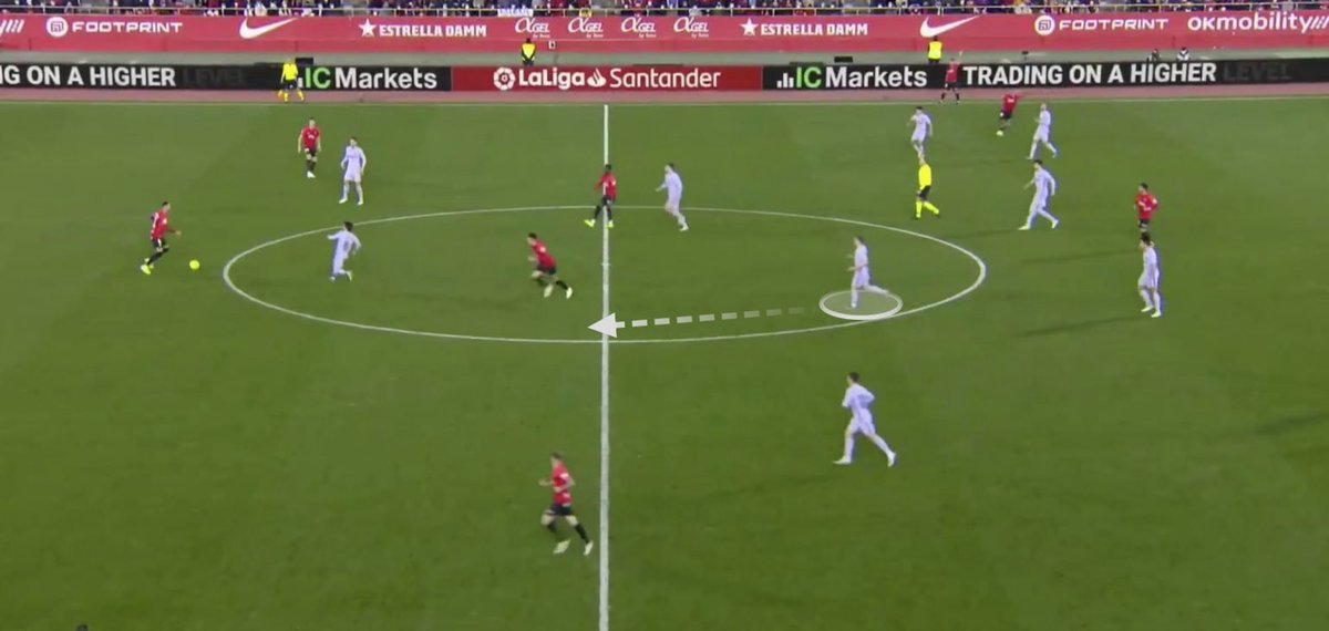 In the move shown below, Mallorca had recycled possession back to their defenders. Naturally, Barça stepped up. De Jong, though, went too far.