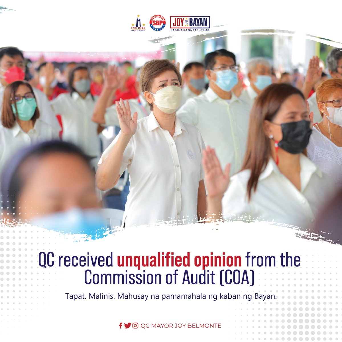 QCMayorJoy's tweet photo. Tapat. Malinis. Mahusay na pamamahala. Walang korapsyon. 

QCitizens, alam niyo bang isa lang ang ipinaglalaban ni Mayor Joy mula pa noong siya'y unang tumakbo bilang alkalde ng lungsod Quezon? Iyon ay ang "good governance" o mahusay at mabuting pamamahala sa lungsod. 

(1/3) https://t.co/b5CPdxWXNA