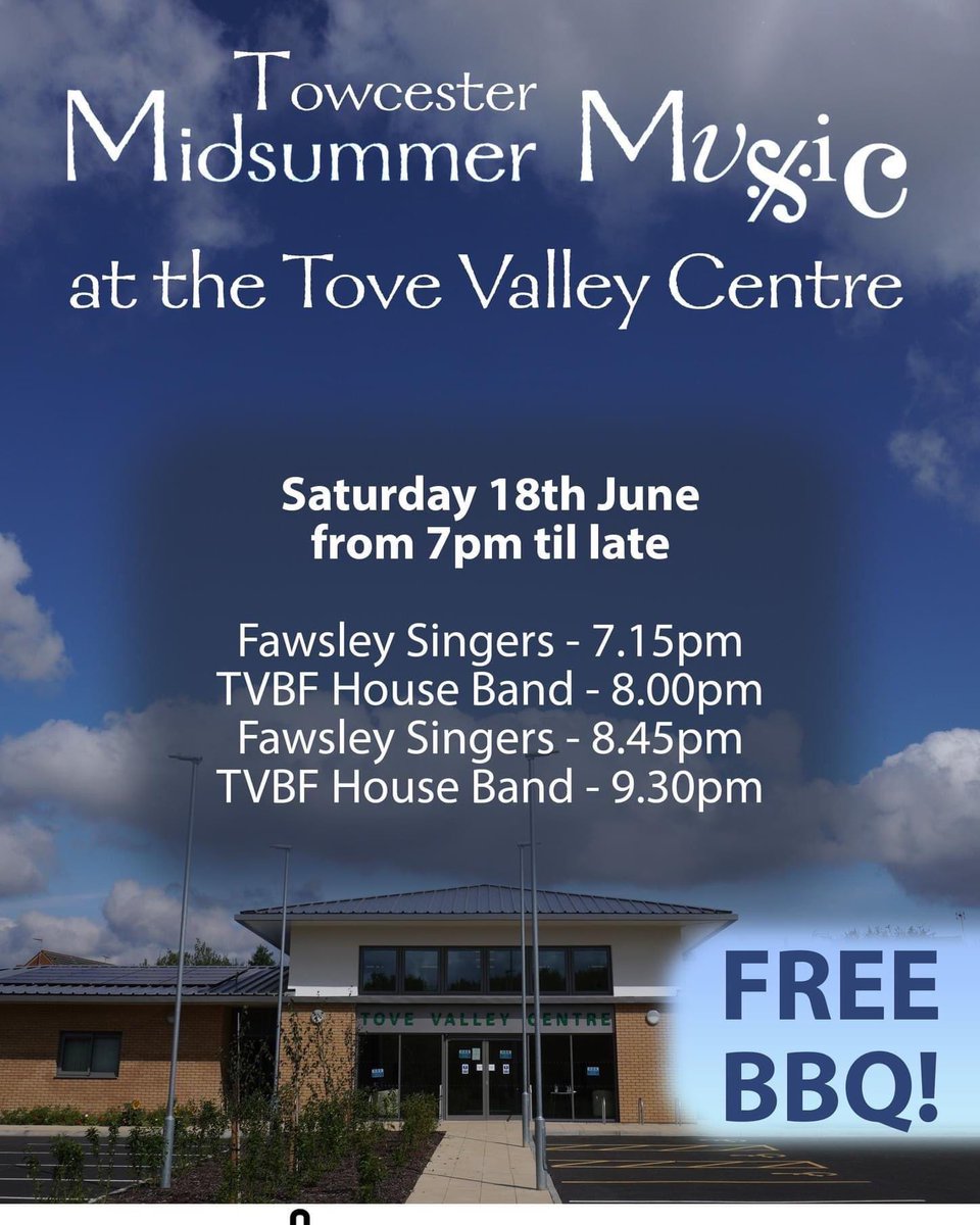 NEW VENUE! <a href="/ToveCentre/">Tove Valley Centre</a> Sat 18 June

Fawsley Singers: unaccompanied choral music, from sacred to secular of the Renaissance and Baroque period, classical &amp; more.

Join in popular songs with <a href="/TVBFTOWCESTER/">TVBF</a> House Band too.

FREE BBQ &amp; Parking
#towcestermusicfestival <a href="/SNCLeisure/">Leisure SNCommunities WNC</a>