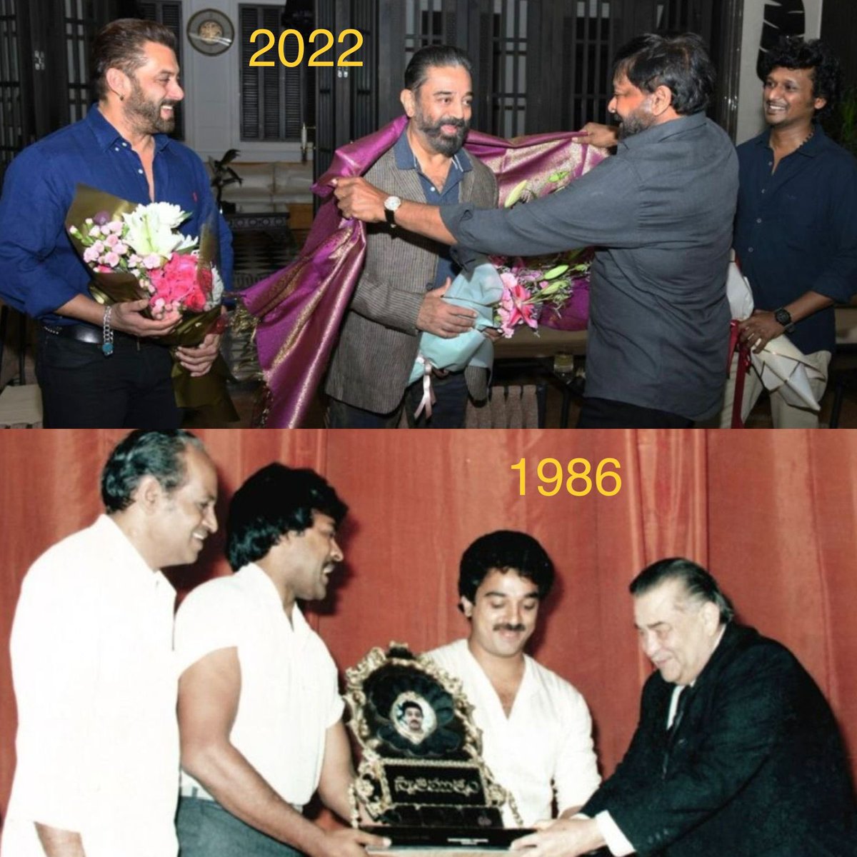 idlebraindotcom's tweet photo. See how time flies! Megastar Chiranjeevi giving away shield to Kamal Haasan along with the Bollywood legend Raj Kapoor in 1986 for the classic Swathi Muthyam. Now megastar appreciating Kamal Haasan along with the Bollywood superstar in 2022 for #Vikram blockbuster! 👌 https://t.co/OprwiGuRgY