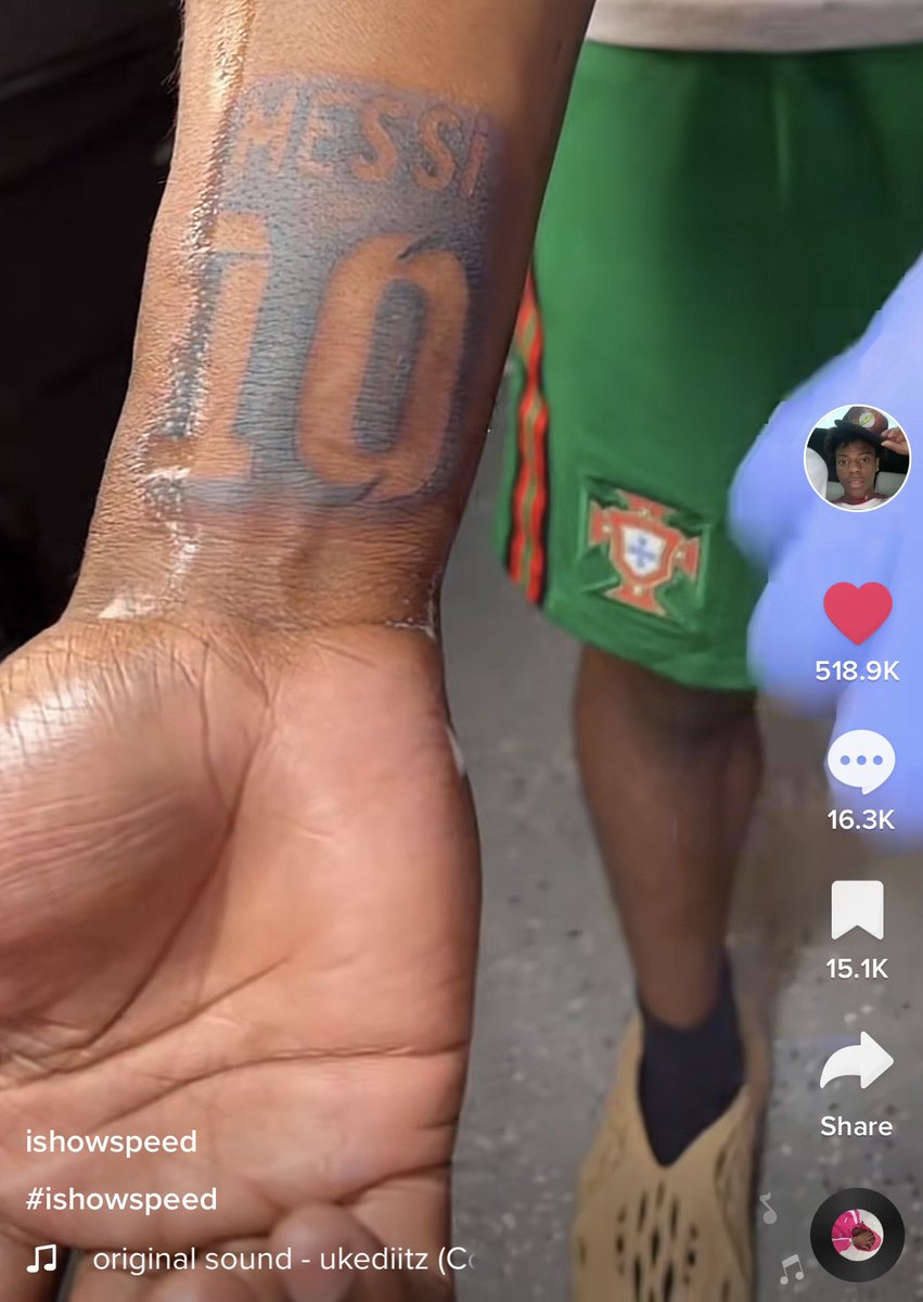 Mbappestyx's tweet photo. No way Speed got a Messi tattoo 💀😭 https://t.co/gHGF9sCEXB