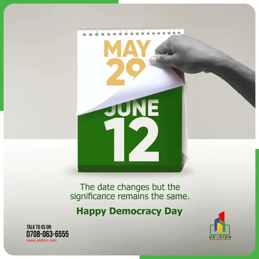 ukdiongroup's tweet photo. Our nation can only be strong and prosperous when we work in unity towards a better Nigeria for all Nigerians.

Happy Democracy Day from all of us @ukdiongroup 

#wesimplyaddvalue https://t.co/Z9yhyXp0zb