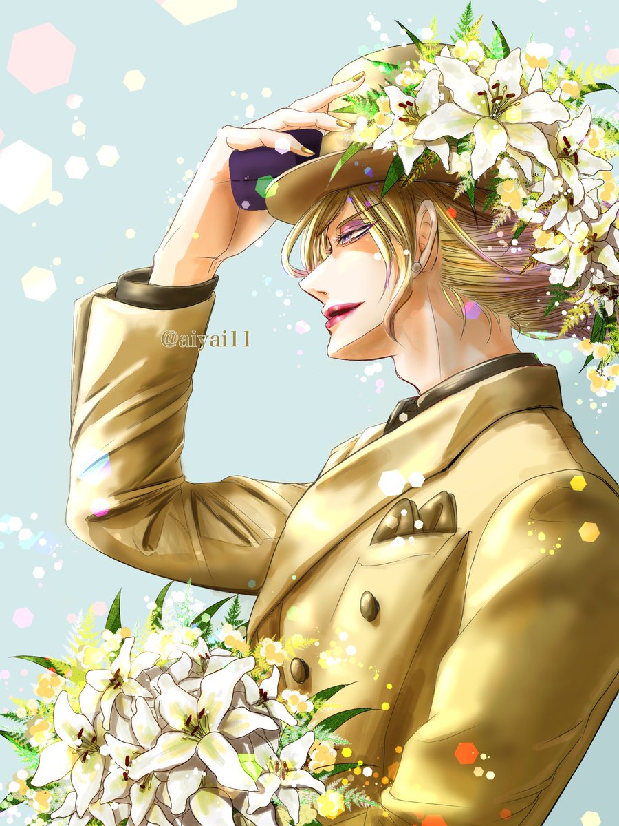 flower solo hat blonde hair male focus 1boy bouquet  illustration images