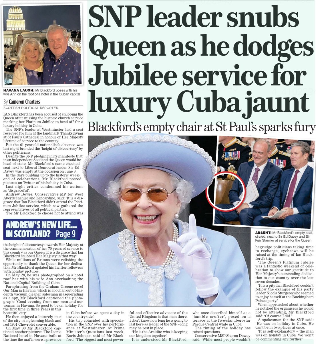 The self-appointed man of the people, the multi-millionaire humble crofter with at least 3 houses, was swanning around Cuba when he should have been representing Scotland at the #queensjubilee historic church service.