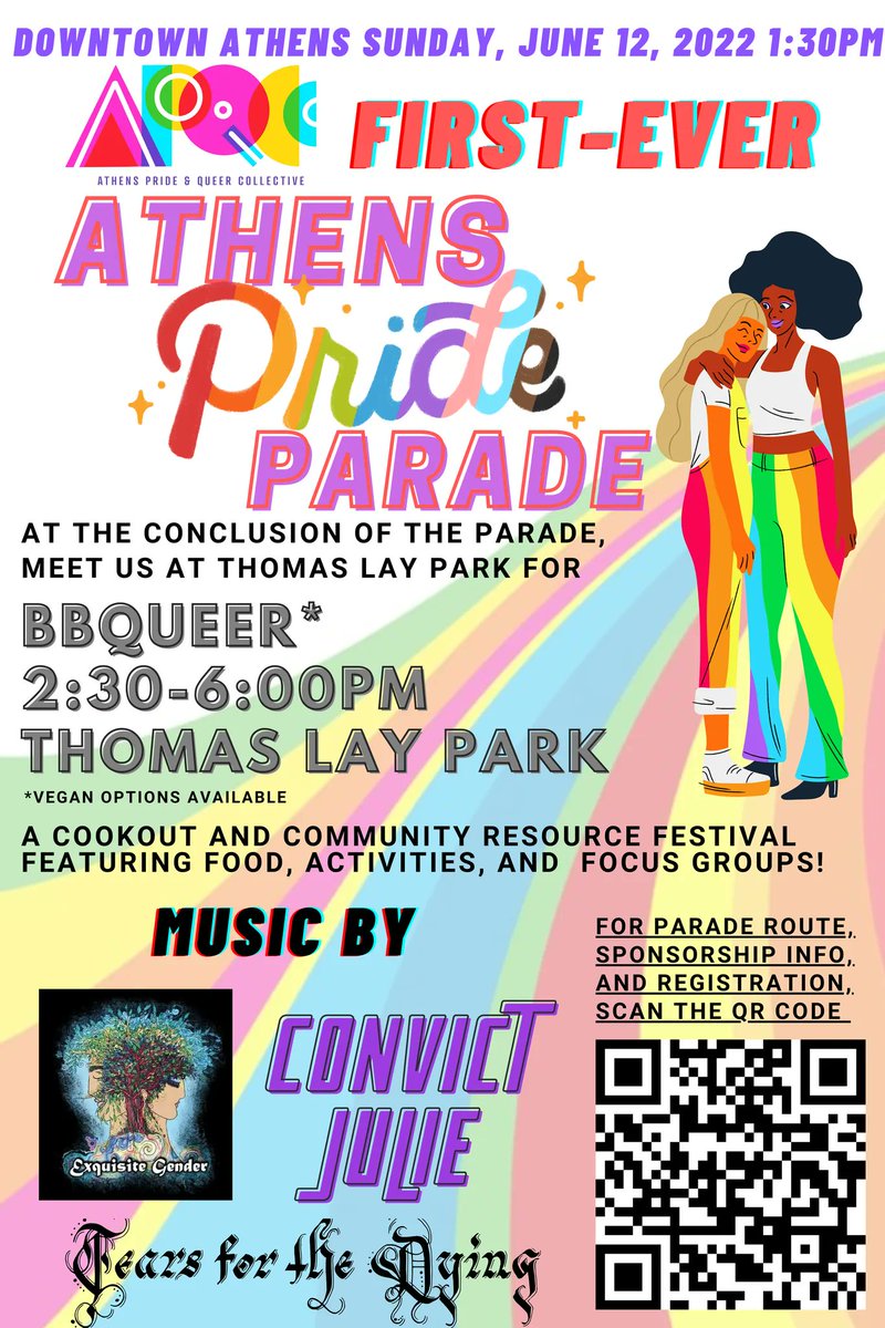 shu2stef's tweet photo. Today, join @ExquisiteGender, Tears For The Dying, and Convict Julie at the conclusion of the FIRST EVER Athens Pride Parade in Thomas Lay Park #athenspride #ExquisiteGender #TearsForTheDying #convictjulie #SolveForX #athensprideandqueercollective #thomaslaypark #lgbtqia https://t.co/YozgwoE8r4