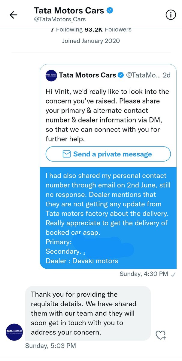 VinitKokil's tweet photo. @tata_cars Would highly appreciate to receive a response on the request for delivery date of my Harrier. It's overdue now. Have been tweeting on this since 30 May without any response from your side. https://t.co/nwNoXLZkNo