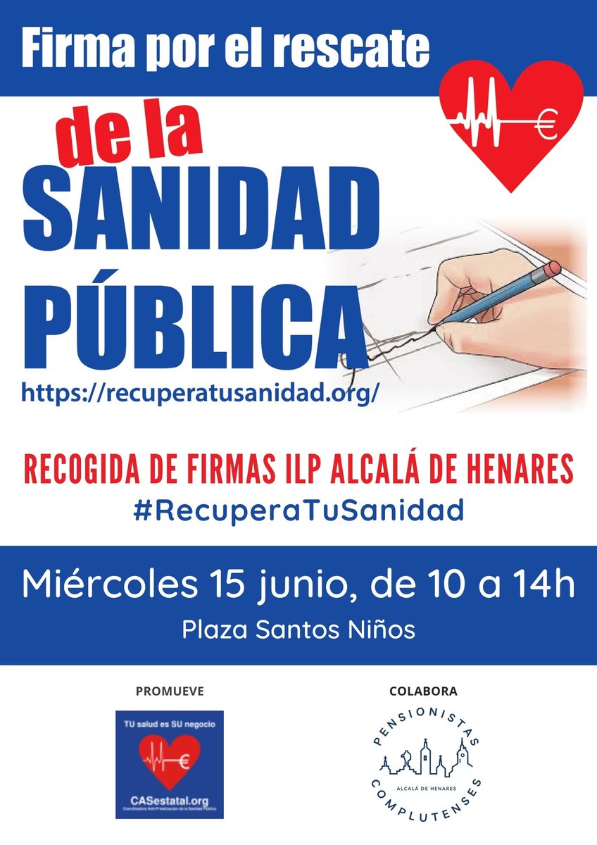 El próximo miércoles jornada completa, mañana y tarde, de recogida de firmas para la #IniciativaLegislativaPopular promovida por @CAS_Estatal_ para la derogación de las dos leyes que permiten el expolio de la #SanidadPública.
Firma, colabora y difunde!!