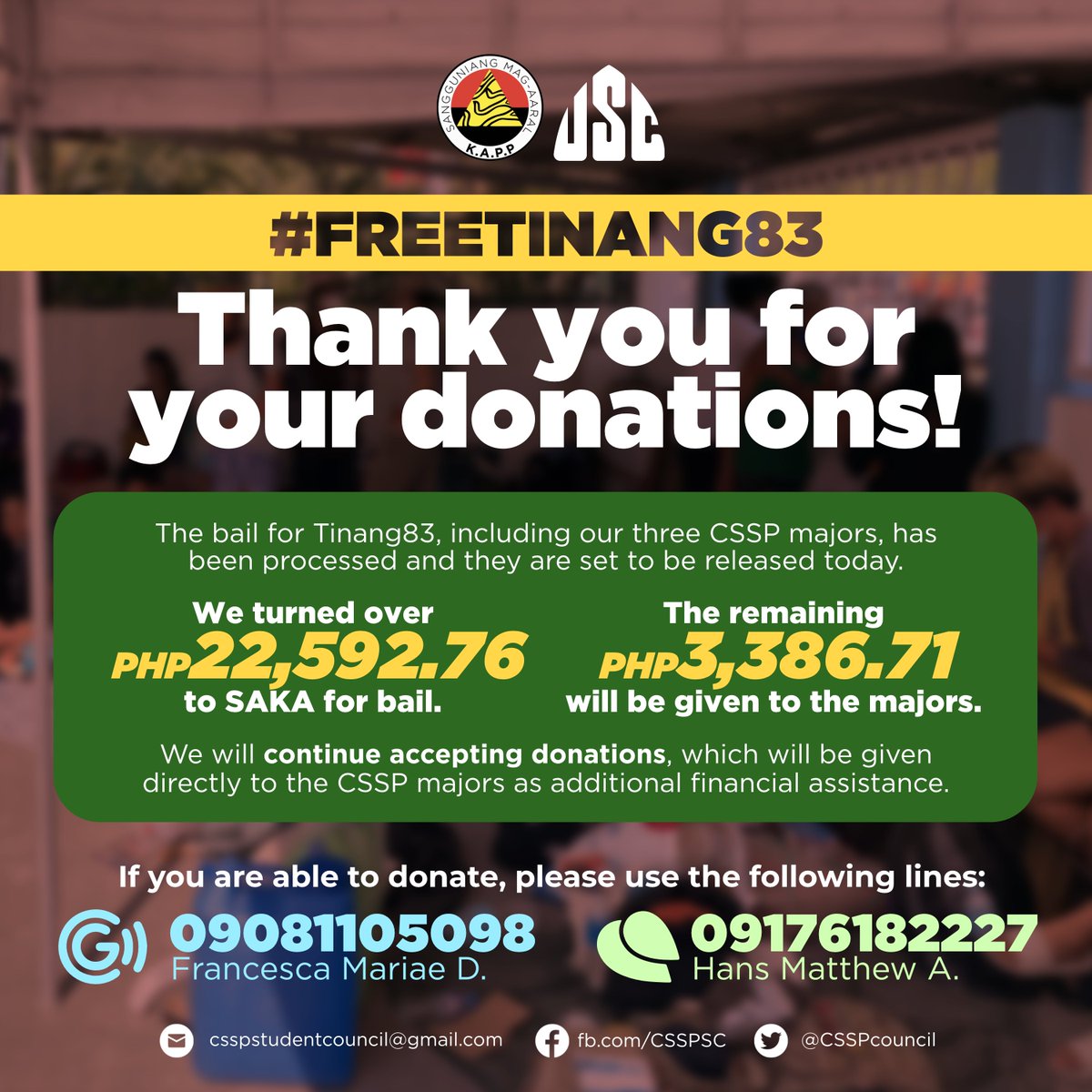 upcsspsc's tweet photo. 5:28PM TODAY: Tinang83 have been released!

As of 12 June 2022, 17:13, we have received a total of Php25,979.47. Php 22,592.76 was turned over to SAKA for the bail fund. The 3 CSSP majors will receive the remaining Php3,386.71 as additional financial assistance.

#DefendCSSP https://t.co/WeSmow19MW