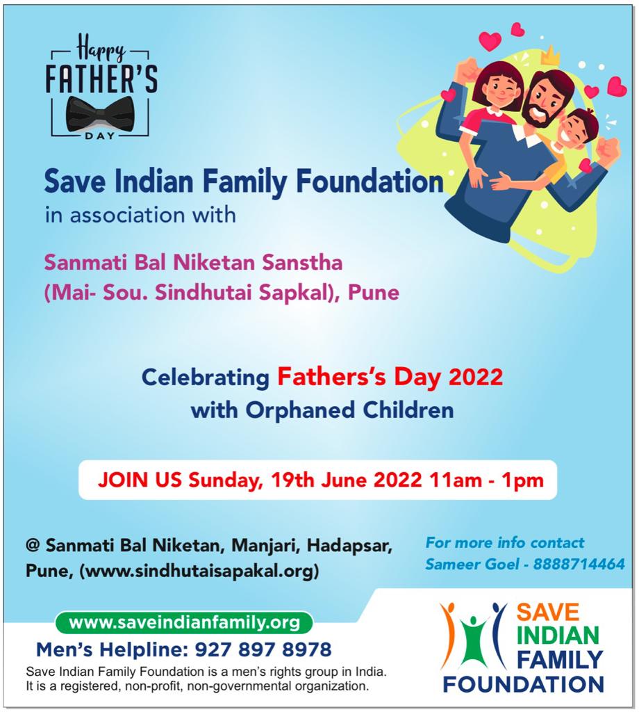 PrasadY_MRA's tweet photo. Save Indian Family Foundation  @realsiff 
in association with 
Sanmati Bal Niketan Sanstha (Mai- Sou. Sindhu Tai Sapkal), Pune
Celebrating 

#FathersDay

with orphaned children.
Sunday, 19th June - 11.00 Am to 1.00 Pm
Sanmati Bal Niketan, Hadapsar,Pune,
#FathersDay2022
#pune https://t.co/735AaLgdIy