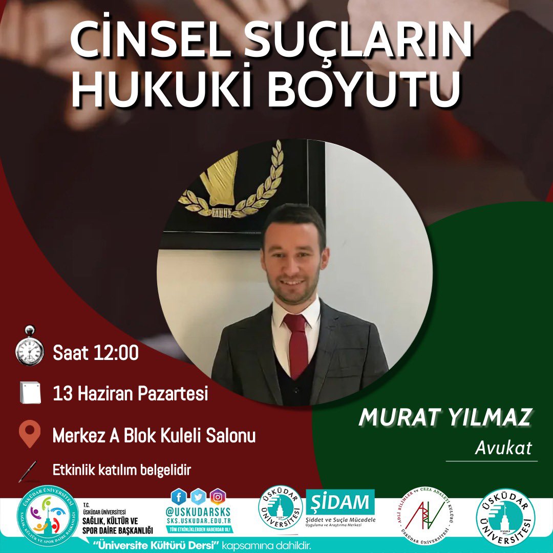 Avukat Murat Yılmaz'ın katılımıyla "Cinsel Suçların Hukuki Boyutu" adlı seminerimiz;
🗓13 Haziran Pazartesi günü,
🕗saat 12.00'da,
📍Merkez A Blok Kuleli Salonu'nda gerçekleştirilecektir.
❕Etkinliğimiz katılım belgelidir.
Hepinizi bekliyoruz✨
Etkinlikte görüşmek üzere 👋🏼
