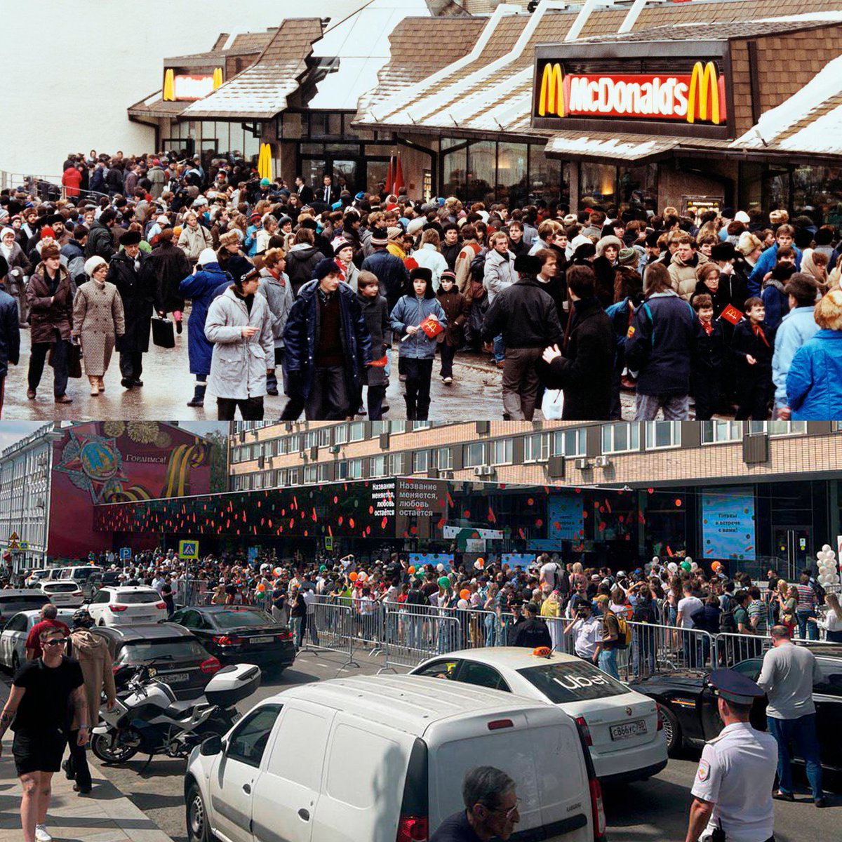 ForbesRussia's tweet photo. Очередь на открытии первого McDonald’s в России 31 января 1990 года на Пушкинской площади и очередь на открытии первого ресторана сети «Вкусно и точка» на том же месте 12 июня 2022 года.

📸: Reuters, Татьяна Романова / Forbes https://t.co/Cn9qHWJFG1