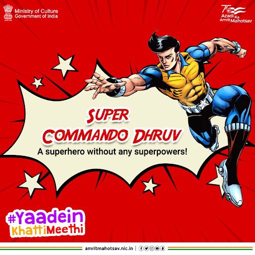 AmritMahotsav's tweet image. Armed with exceptional physical &amp;amp; intellectual powers, Super Commando Dhruv debuted on the Indian comic book scene with 'Pratishodh ki Jwala' in 1987. Since then, from Rajnagar to #Rajasthan, he has garnered fans all across. 

#AmritMahotsav #YaadeinKhattiMeethi #MainBharatHoon
