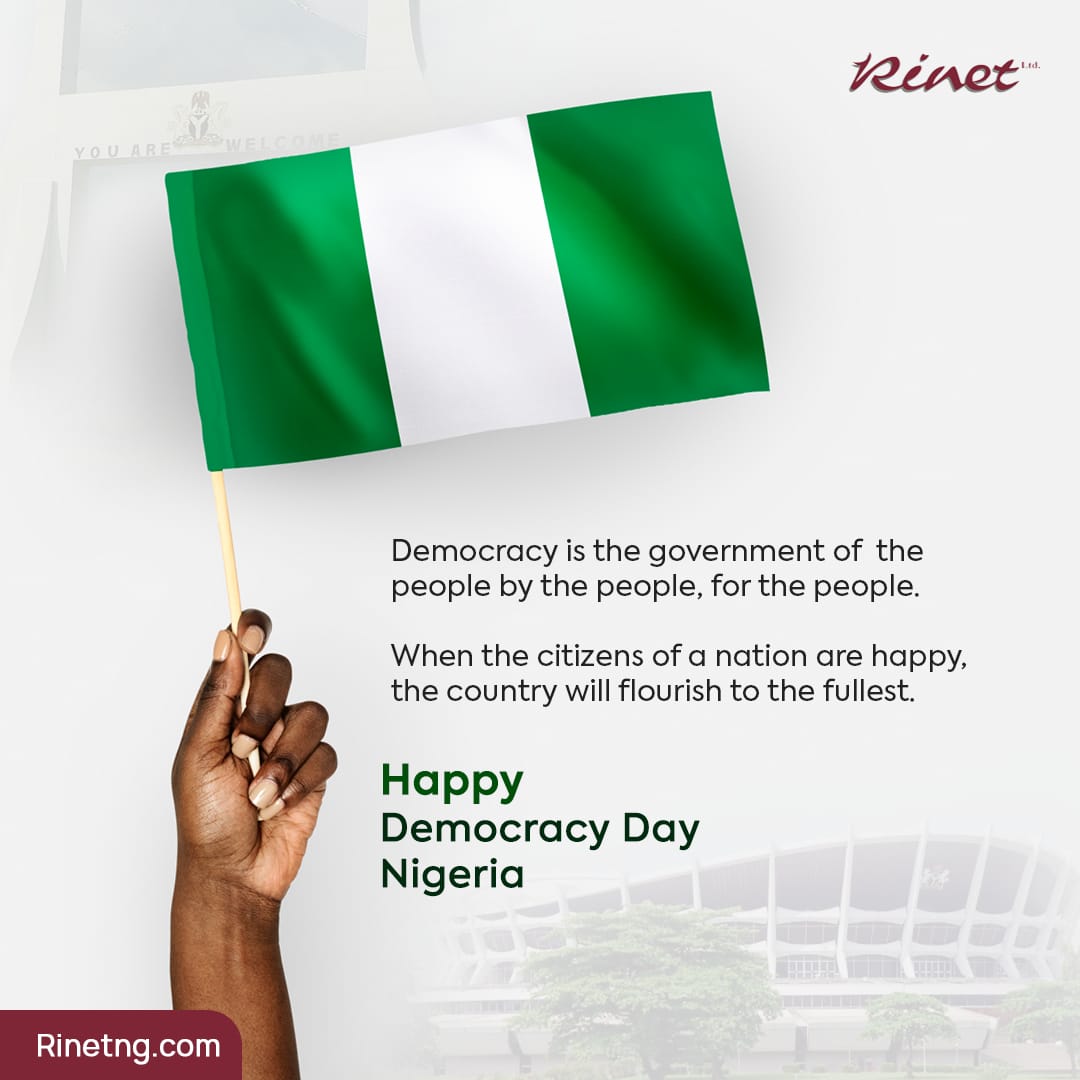 Rinet_Limited's tweet photo. Happy Democracy Day 
Today, we join every citizen regardless of language or ethnicity to celebrate Nigeria and her citizens . 
Never forget that there is no Democracy without YOU. 
 One Nation, One Voice  
#democracyday2022
#happydemocracyday
#Nigeria 
#rinetdigifix 
#getyourpvc https://t.co/R3966YV4sM