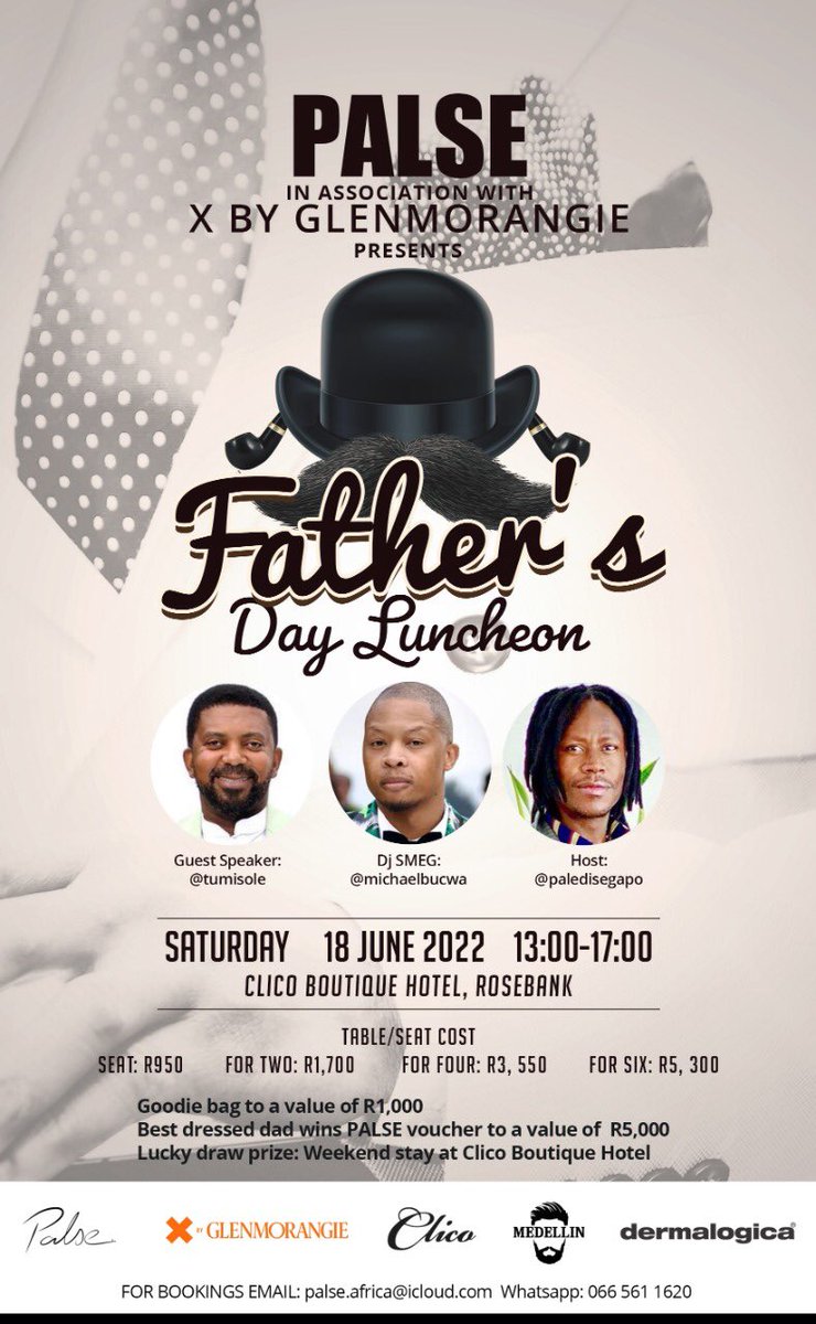 PalediSegapo's tweet photo. The 2nd #PALSE #fathersday lunch event ...loading.
Sat, #clico boutique hotel, Rosebank. https://t.co/htnDfRpQ1m