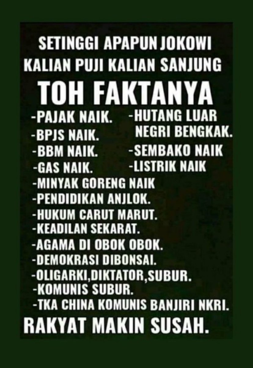 <a href="/alisyarief/">Ali Syarief - アリ・シャリーフ</a> Lha, emang ada yg bisa dilanjutkan ? Rakyat mah sederhana sekali keberhasilan pemerintah itu saat :
1. Harga kebutuhan murah
2. Lapangan pekerjaan ckp
3. Hukum adil
4. Kriminalitas rendah
5. Hidup rukun &amp; damai
6. Tingkat korupsi rendah
Lha ini kayak gini kok suruh lanjutin 🤔👇