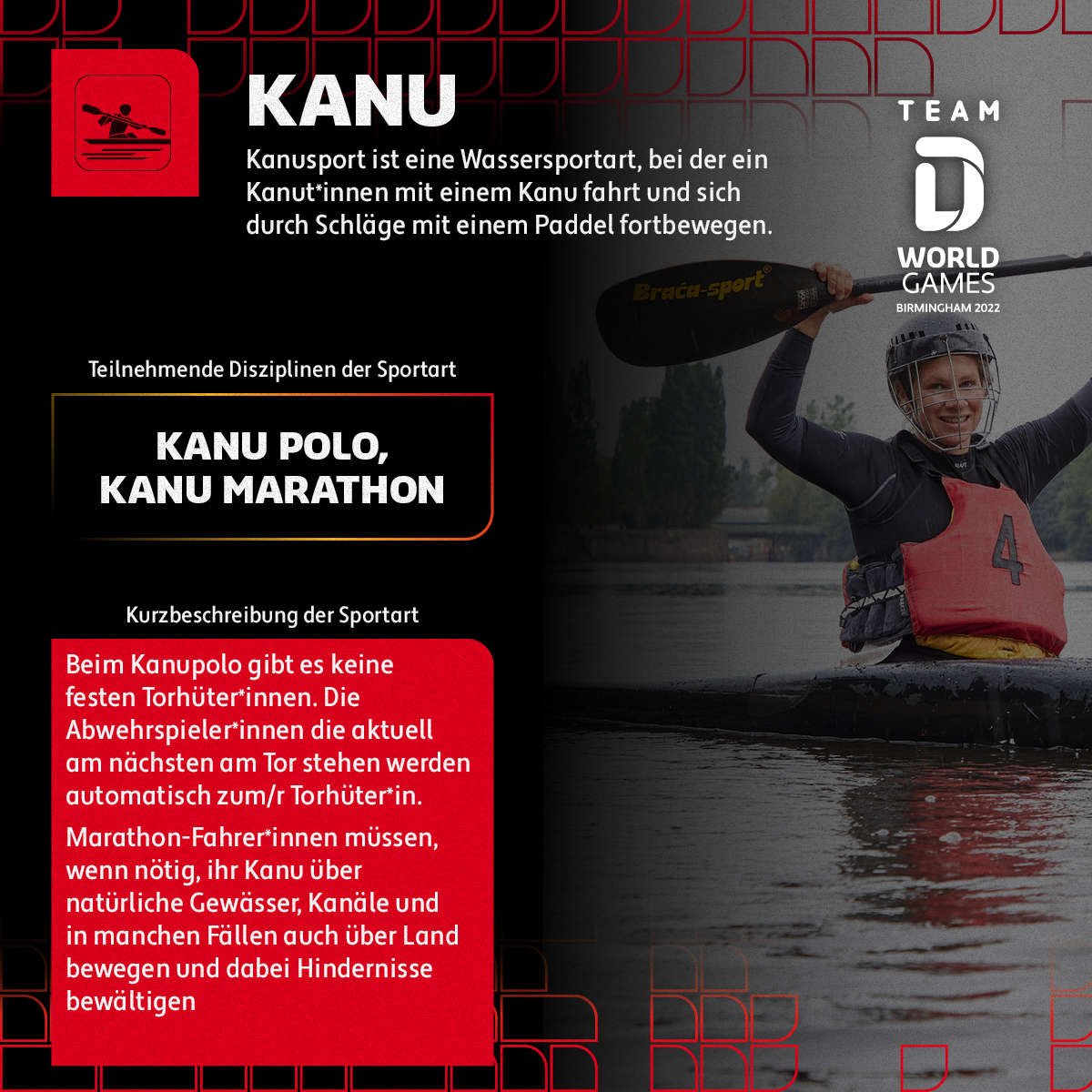 TeamD's tweet photo. 🚣Kanus statt Pferde und Athlet*innen die ihre Boote tragen? In den Disziplinen Polo und Marathon wird Team D 🇩🇪  bei den #WorldGames2022 an den Start gehen. 
#WirFuerD #WeAreTheWorldGames #TWG2022
#Kanu #Kanupolo #Kanumarathon @kanuverband https://t.co/fEkBbQU1AU