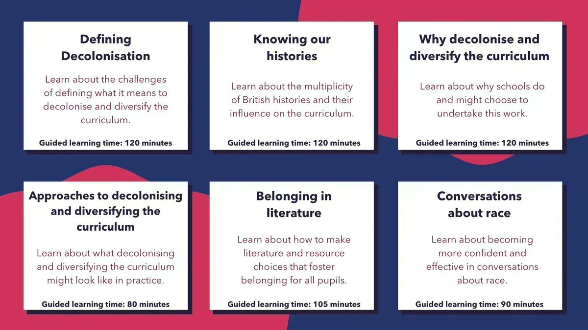 We have produced 6 modules relating to the theme of decolonising and diversifying the curriculum. These are made up of multimedia content from 22 contributors and incorporate practical theory and evidence. 

Members can sign up for these modules for free: buff.ly/3JV7lv0