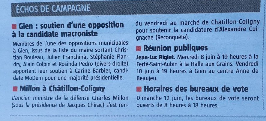 Échos de campagne du Journal de Gien: "<a href="/Charles_Millon/">Charles Millon</a> à Chatillon-Coligny pour soutenir Alexandre Cuignache, candidat <a href="/Reconquete_off/">RECONQUÊTE !</a> " 
@LiensZemmour