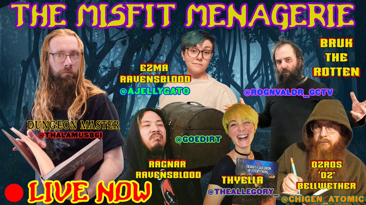 Goedirt's tweet photo. The Misfit Menagerie STREAM IS LIVE

Today we are fighting deep into the BINDERS lair!!!!

LIVE: https://t.co/ydBOZeKK8i

Cast: 
@Chigen_Atomic 
@thalamus861 
@TheAllegory_ 
@rognvaldr_GCTV https://t.co/C1dlPx8VK6