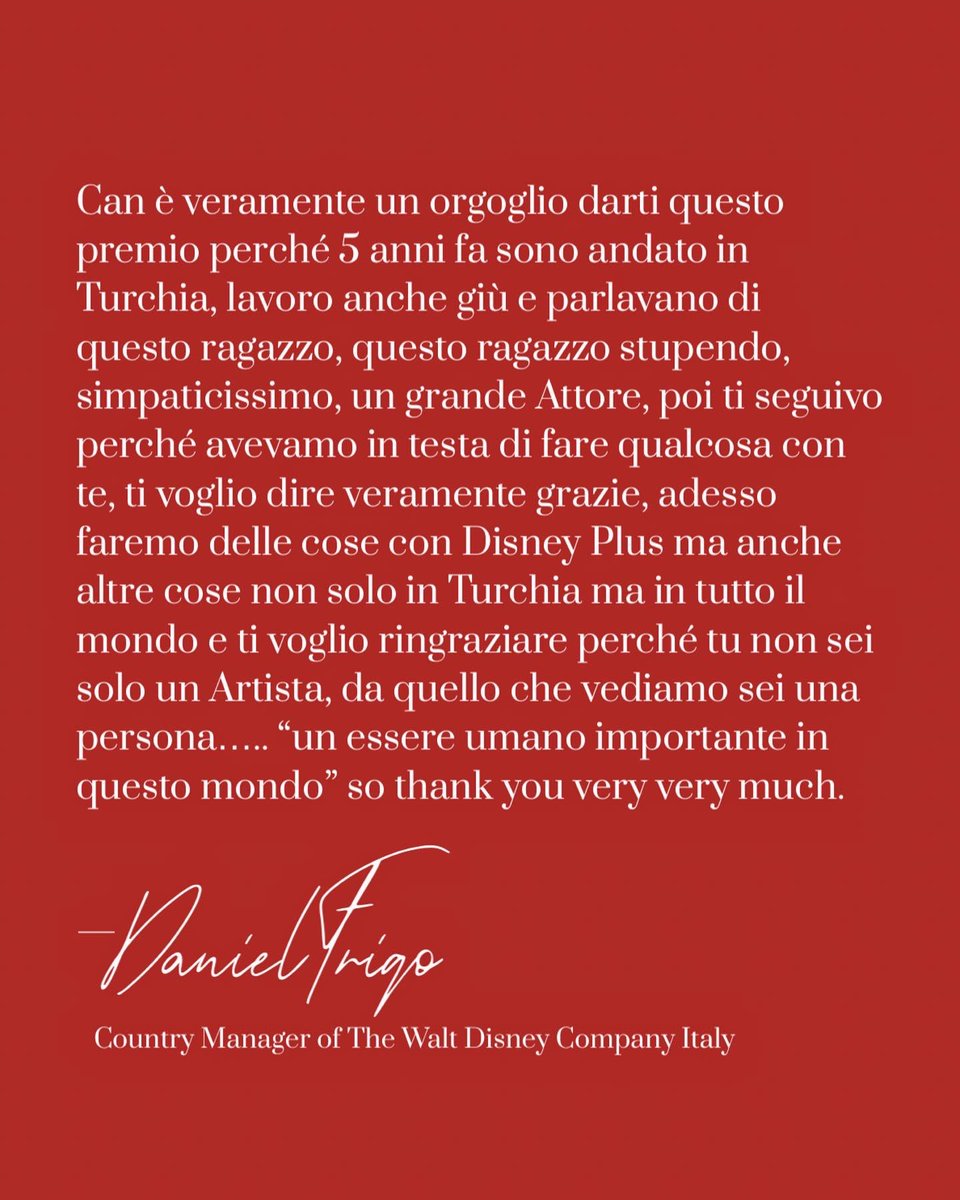 InconnuStudioIT's tweet photo. The speech of #DanielFrigo Country Manager of The #WaltDisney Company Italy during #CanYaman award ceremony at #FISF22 ❤️🔥 https://t.co/H1oYcHgZOt