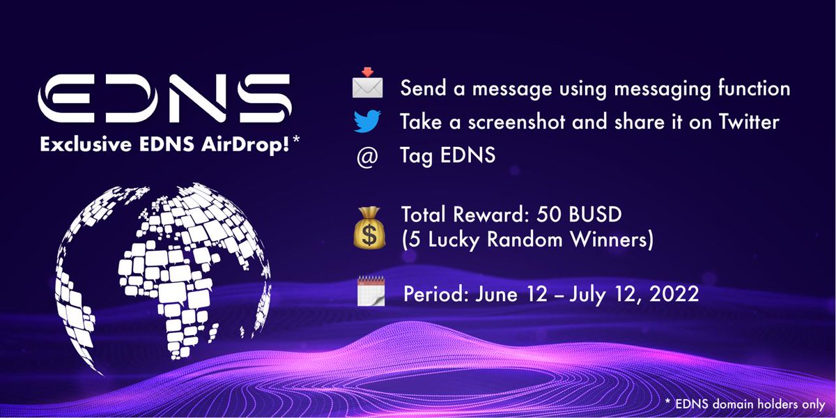Hello EDNS fam 👋🏼
You have asked, and we heard! Exclusive AirDrop for EDNS domain holders to celebrate the beta launch of the new Messaging function 🎉
How to enter AirDrop? Read the thread 👇🏽