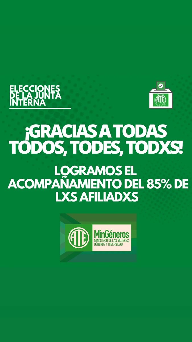 🗳️Elecciones Finalizadas🇳🇬✌🏼✊🏼
Con mucha alegría les contamos que obtuvimos el 85% de votos de afiliadxs. 
Gracias compañerxs por acompañarnos.
Orgullosxs de poder representarlxs, convencidxs de que el Sindicalismo es con Todxs!

#ElSindicalismoEsConTodxs
#JuntaInternaMingen