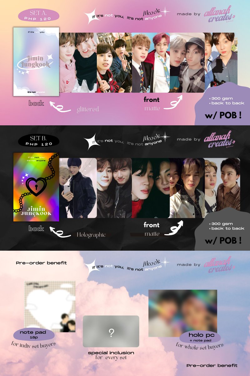 koomincart's tweet photo. ✧ pre-order • wts ph ✧
Jikook Fanmade Photocards
1st Collection:
♡ set a - ₱120
♡ set b - ₱120
2nd Collection:
♡ set c - ₱120
♡ set d - ₱120
set of 2 - ₱210
set of 3 - ₱330
whole collection - ₱450
— w/ pob
doo: 06/15
dop: 06/16
order form below! https://t.co/A6qoDOJoL8