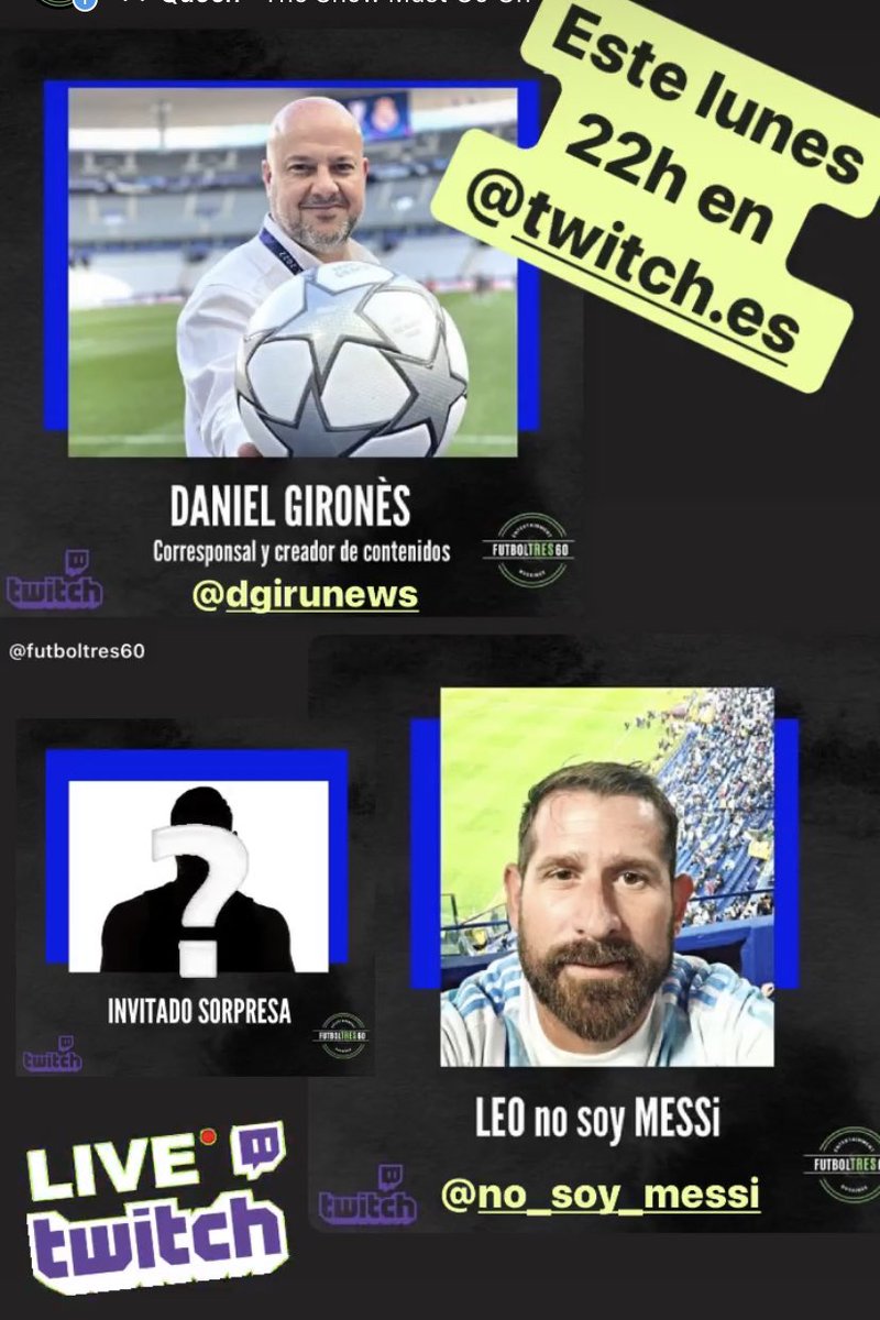 FutbolTres60's tweet photo. 🚨🚨Os recordamos q mañana 22h🇪🇸- 17h 🇦🇷 en nuestro canal de @TwitchES charlamos con @GironesDaniel , nuestro “leo” y un invitado sorpresa. Fútbol, show, buen rollo, risas, incluso algo de rigor también 😅! Os esperamos!!👇👇 https://t.co/DnnhnurMwQ https://t.co/DOElSPqLkW