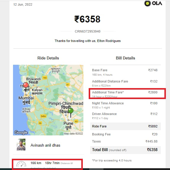 meldmello's tweet photo. Hello @Olacabs pls resolve overcharging us for 12 hours more - charging us &amp; the driver for a future ride from #Pune to #Mumbai billed as June13 today (June12)

No support, lines ain't working, no email. Don't sell 
@OlaElectric first resolve #ola which is a mess #bhavish 
@bhash https://t.co/3cJK3FDYOi