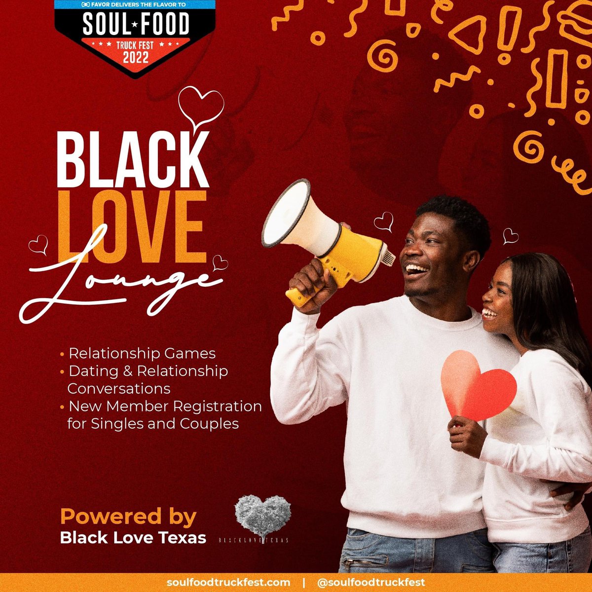 Wouldn't it be fun to say, "We met at Soul Food Truck Fest!" Come find your bae at the Black Love Lounge! Grab your tickets with the link in our bio or go to soulfoodtruckfest.com

Soul Food Truck Fest
Saturday, June 18
11 am - 7 pm
Huston-Tillotson University
Austin, TX

#love