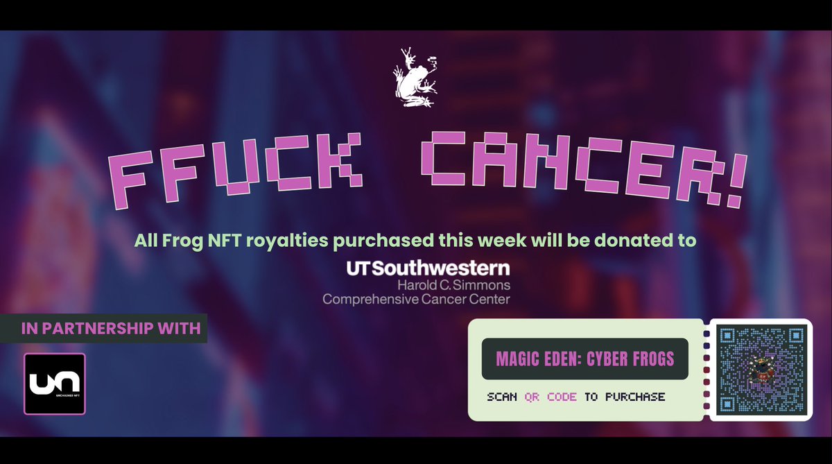 !FFuck Cancer🖕 

We're donating 100% of or royalties to fight Cancer until the 6/19.  

 @AndyrewNFT's mom was recently diagnosed with stage 4 +.We will be raising funds for UTSW Oncology in Dallas, Tx.

Make donations directly to -  
8ZxewCpu8skRNEmV2cYwYr3kGmHKrHgUaR8UNF7QUWfZ