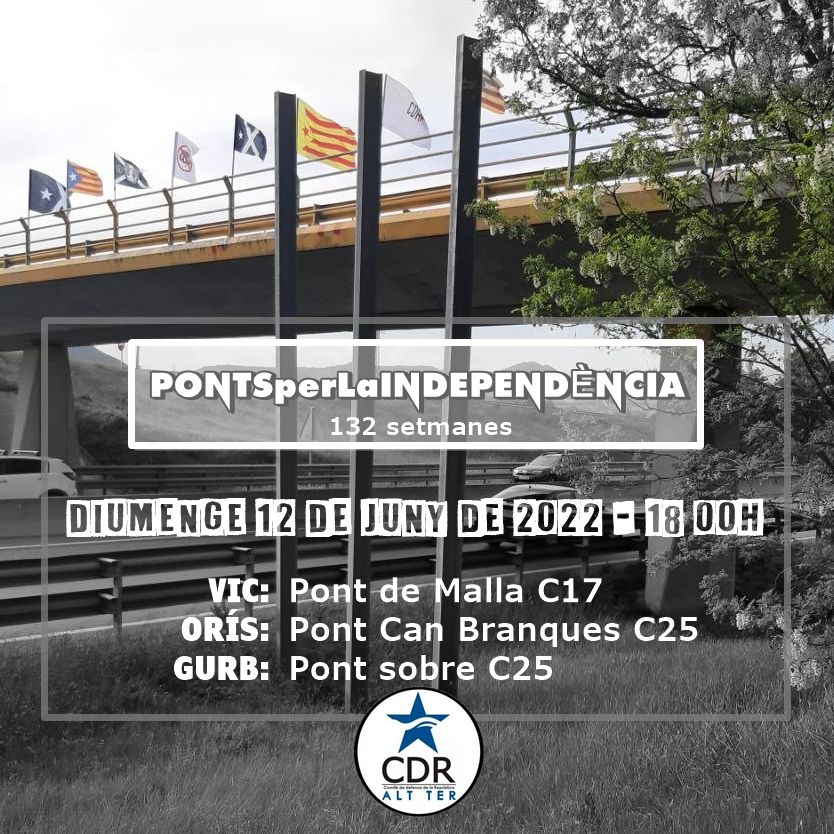 🔴 DIUMENGE 12-6-22 - 18H
🔴 #PONTSperLaINDEPENDÈNCIA
🔴 VINE! seguim una setmana més, i ja en són 132✊

Ponts de:
📍#VIC: Malla C17
📍#ORÍS: Can Branques C17
📍#GURB: Gurb C25

Ni un pas enrere!
#DUI #INDEPENDENCIA