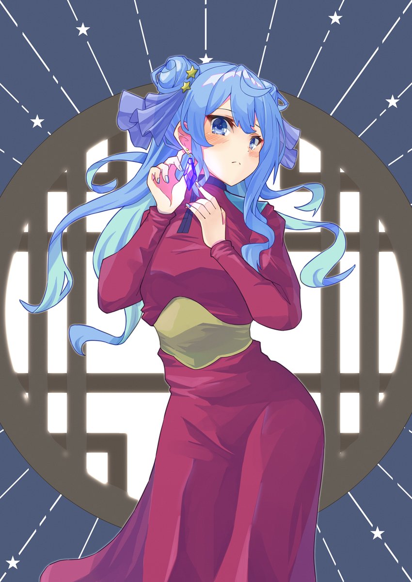 hoshimachi suisei 1girl blue hair solo star (symbol) blue eyes hair bun dress  illustration images