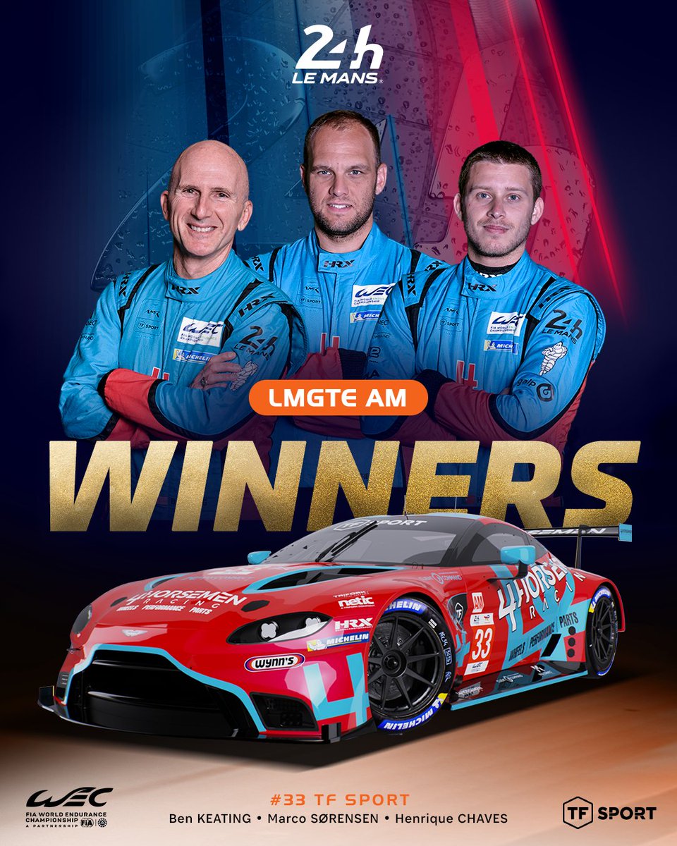 24 Hours of Le Mans (@24hoursoflemans) on Twitter photo 🏆LMGTE Am Winners 🏆
Superb result for <a href="/OfficialTFSport/">TF Sport</a> and <a href="/AMR_Official/">Aston Martin Racing</a> - sealing the Am Category after a tough 24 hours.
Ben Keating | <a href="/Marco_sorensen/">Marco L. Sørensen</a> | Henrique Chaves
#LeMans24 | <a href="/FIAWEC/">FIA World Endurance Championship</a> 🏆LMGTE Am Winners 🏆
Superb result for <a href="/OfficialTFSport/">TF Sport</a> and <a href="/AMR_Official/">Aston Martin Racing</a> - sealing the Am Category after a tough 24 hours.
Ben Keating | <a href="/Marco_sorensen/">Marco L. Sørensen</a> | Henrique Chaves
#LeMans24 | <a href="/FIAWEC/">FIA World Endurance Championship</a>