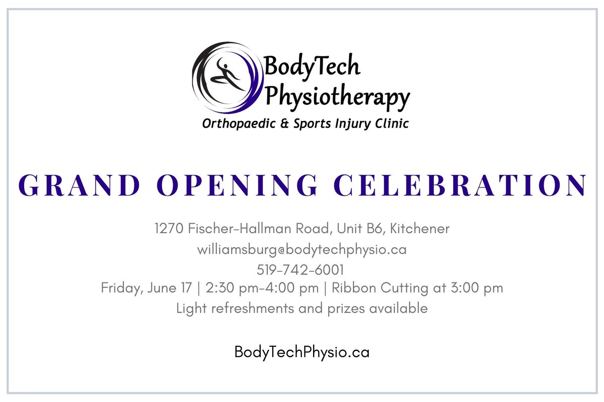 BodyTechPhysio's tweet image. Join us for our Grand Opening celebration on Friday, Jun 17th at 3pm. Hope to see you there!