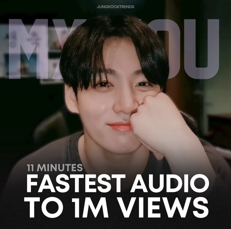 My You by Jungkook is now the fastest audio by a korean soloist to surpass 1M views on youtube in just 11 minutes.