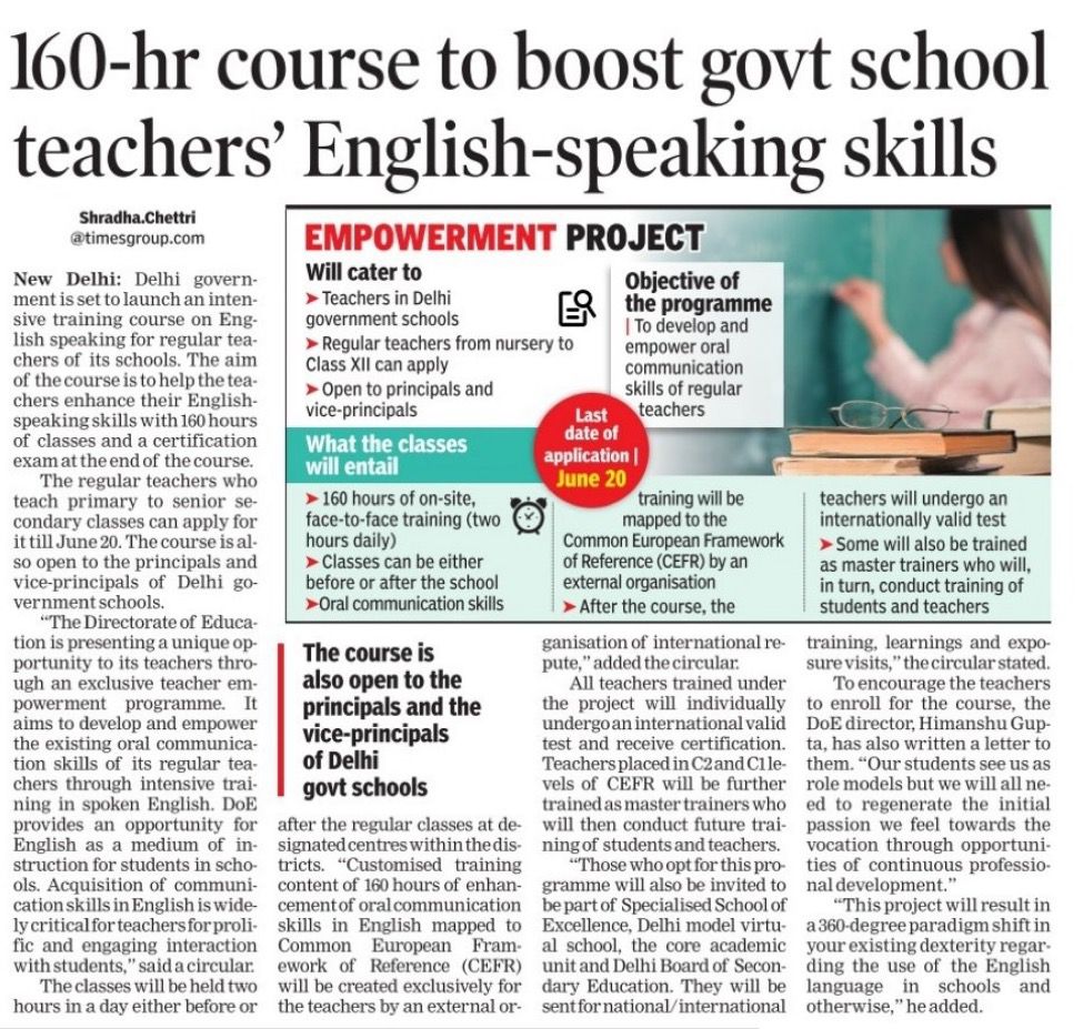 msisodia's tweet photo. @ArvindKejriwal Govt constantly opening new doors of learning for Delhi, to be one of the best in education globally

With this course, we will empower our teachers with a new flair &amp; confidence in English, &amp; enable them to help our children become excellent English speakers too! https://t.co/bPuEjDvFeP