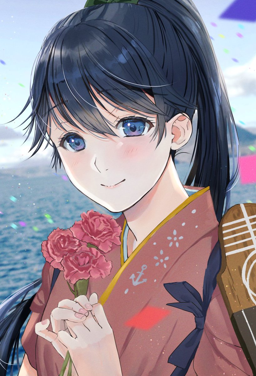 houshou (kancolle) 1girl solo japanese clothes ponytail tasuki pink kimono kimono  illustration images