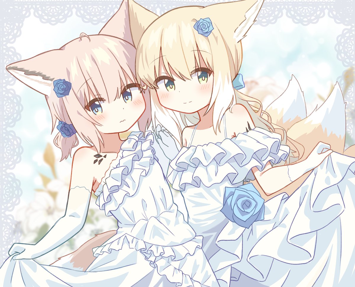 sussurro (arknights) ,suzuran (arknights) multiple girls 2girls animal ears fox ears dress tail gloves  illustration images