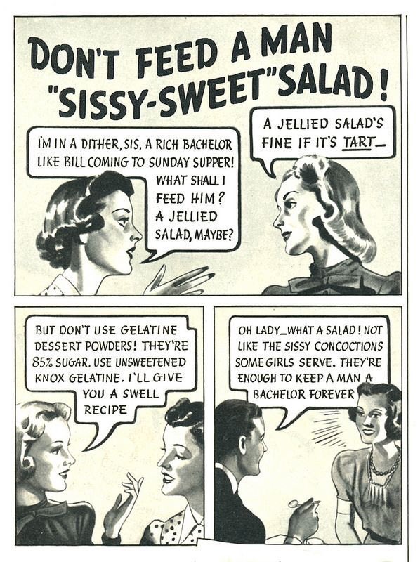 WhoresofYore's tweet photo. In case anyone else was “in a dither” about what to feed a “rich bachelor” who is coming for “Sunday supper”, this Knox Gelatin advert from 1938 is here to make sure you “don’t feed a man sissy-sweet salad”. https://t.co/8Ht6lYG5Fo