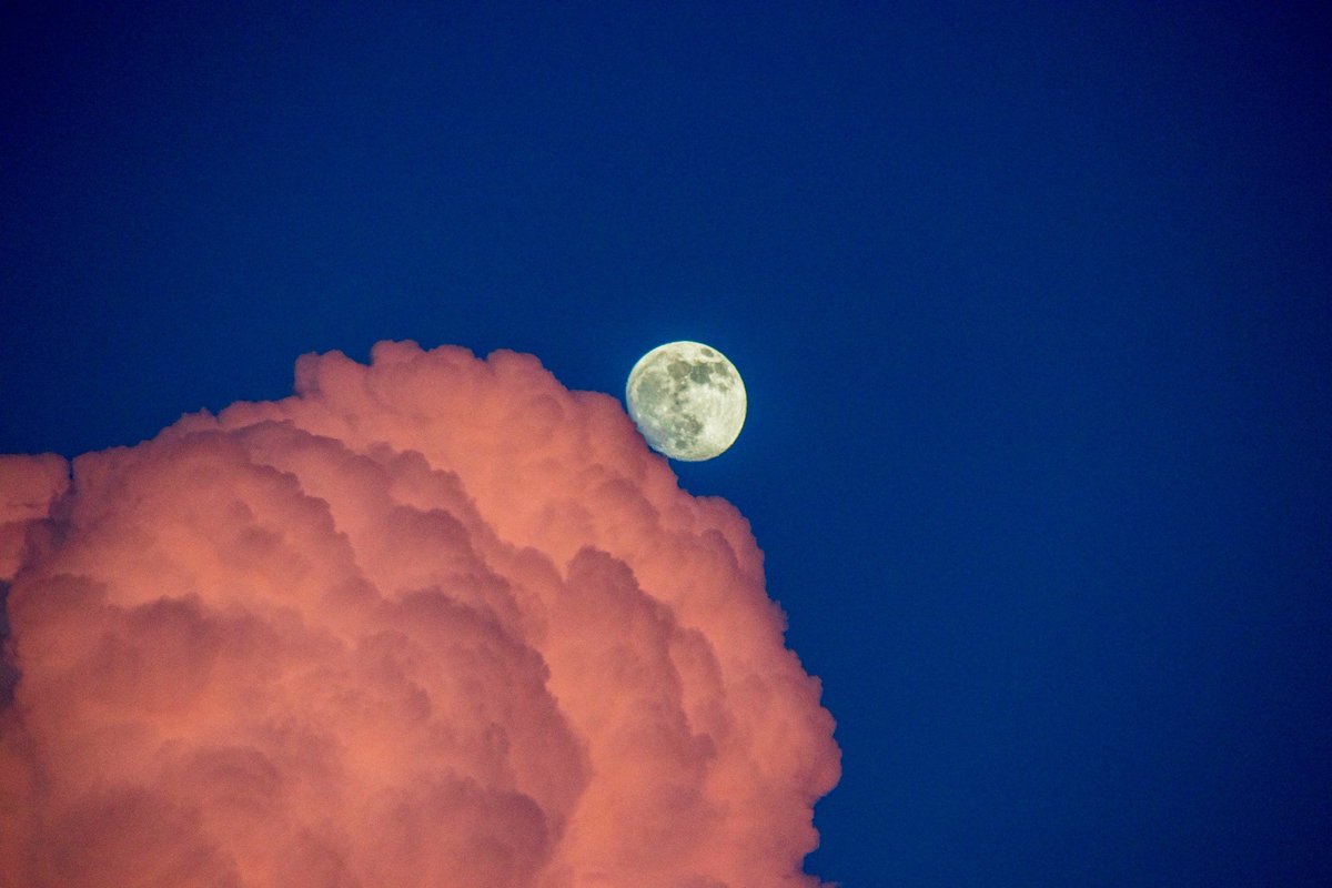 ☁️🤝🌝 夕陽に照らされた雲から綺麗な月が顔を出しました📸