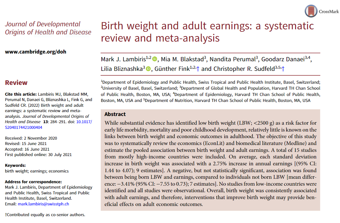 JDOHaD (@jdohad1) on Twitter photo REVIEW: 1/2 Increasing a child's birth weight increases their labor market success!
Read more: bit.ly/3NMslXc
<a href="/marklambiris/">Mark Lambiris</a> <a href="/guenther_fink/">Günther Fink</a> <a href="/MiaBlakstad/">Mia Blakstad, PhD</a> <a href="/goodarzd/">Goodarz</a> <a href="/SwissTPH/">Swiss TPH</a> <a href="/HarvardChanSPH/">Harvard T.H. Chan School of Public Health</a>
#JDOHAD #DOHAD REVIEW: 1/2 Increasing a child's birth weight increases their labor market success!
Read more: bit.ly/3NMslXc
<a href="/marklambiris/">Mark Lambiris</a> <a href="/guenther_fink/">Günther Fink</a> <a href="/MiaBlakstad/">Mia Blakstad, PhD</a> <a href="/goodarzd/">Goodarz</a> <a href="/SwissTPH/">Swiss TPH</a> <a href="/HarvardChanSPH/">Harvard T.H. Chan School of Public Health</a>
#JDOHAD #DOHAD