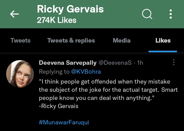 RT @SPMSABD1: Ricky Gervais liked this tweet 
@DeevenaS 
#MunawarFaruqui #MunawarWarriors https://t.co/vPJWlCJhjs