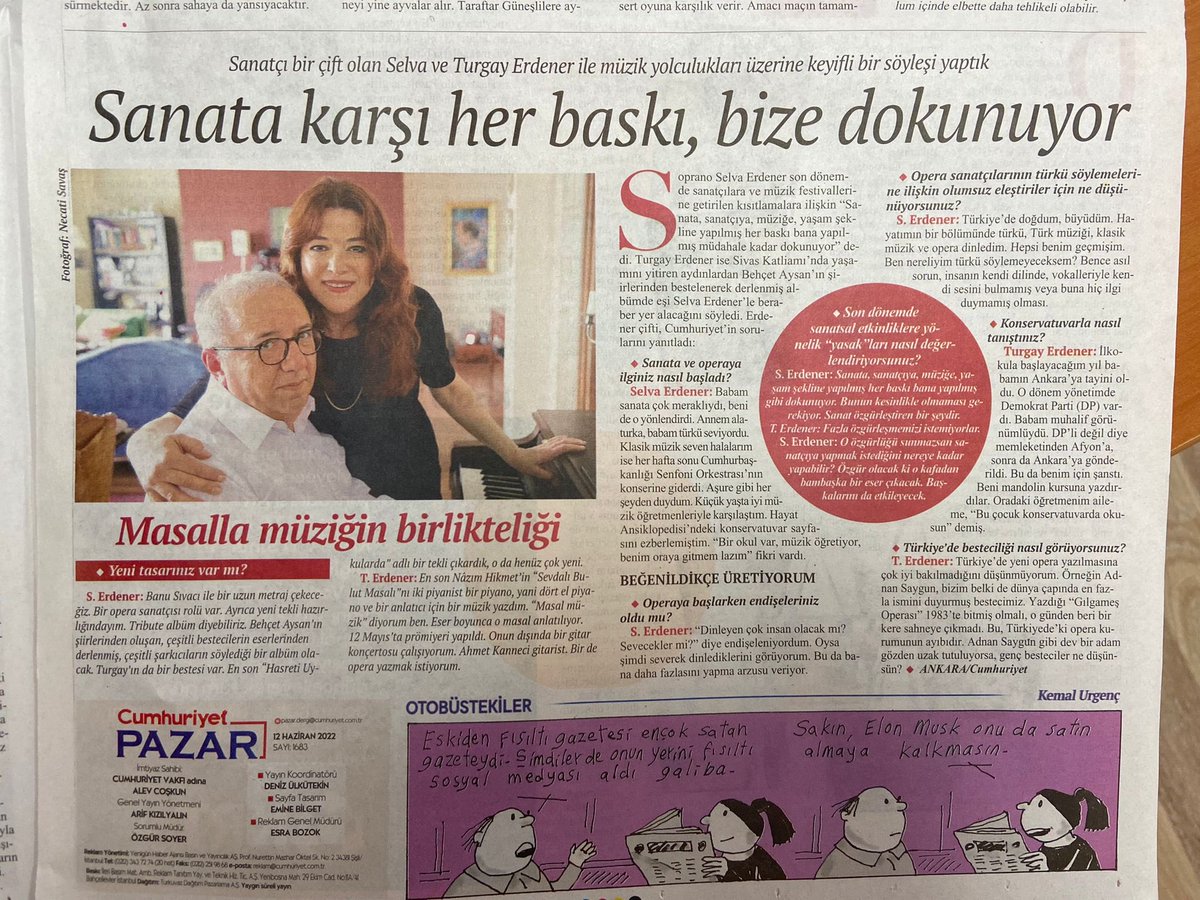 TurgayErdener's tweet photo. 12 Haziran 2022 ⁦@cumhuriyetgzt⁩ ⁦@EkinBasbuga⁩ ile konforlu ve güzel söyleşimiz ⁦@selvaerdener⁩ yayınlandı, çok teşekkür ediyoruz 🌺 https://t.co/4TwLAqjz7I