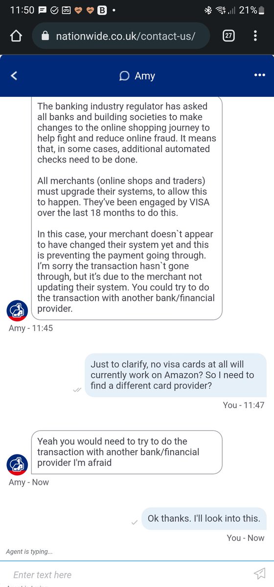 Juice1979's tweet photo. @AskNationwide My payments are getting declined on Amazon despite having plenty of funds. So I went on nationwide chat and was told Amazon didn't update their merchant facilities so visa will no longer work with them. Here's a screen of the chat.. https://t.co/IYtvP76KZ1