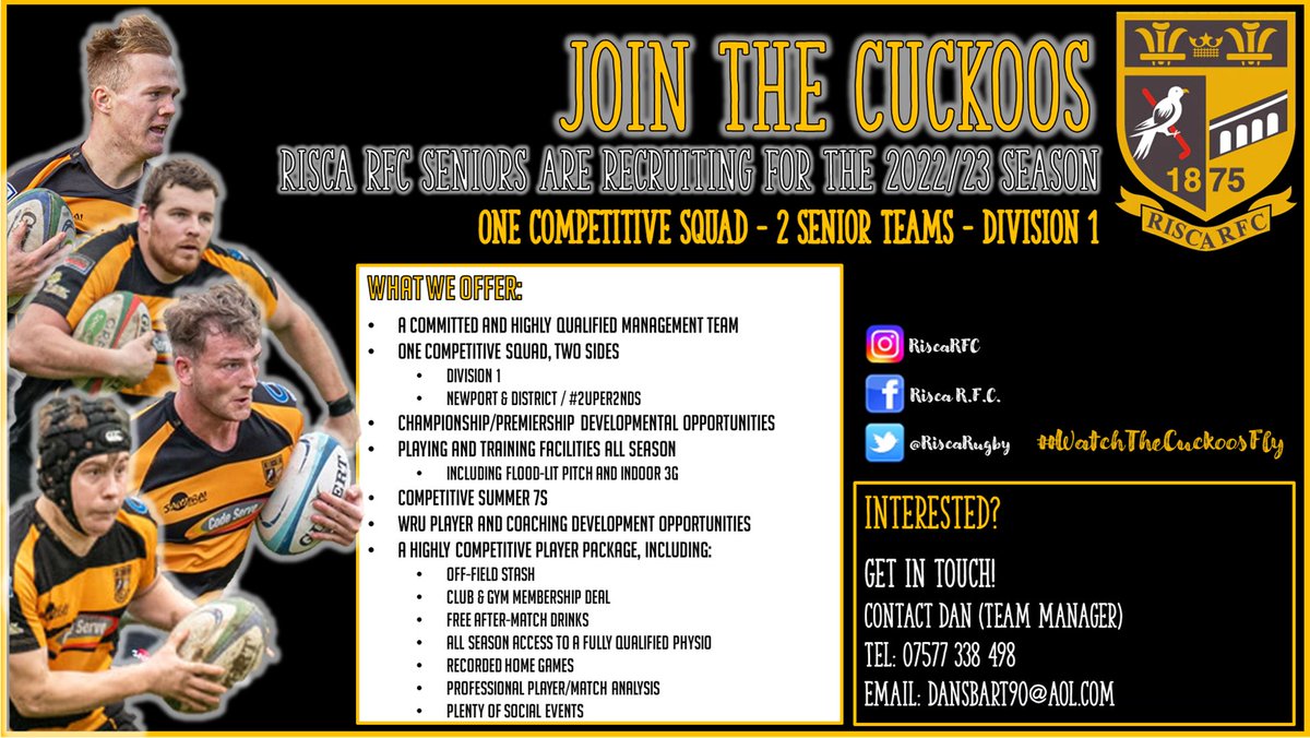 Risca RFC Seniors are recruiting for the coming season! This season is looking to be bigger and better than before. 💪

One squad, two sides, great laughs and a highly competitive standard of rugby in Div 1. What more could you ask for?

#WatchTheCuckoosFly #FollowTheCuckoos 🖤💛