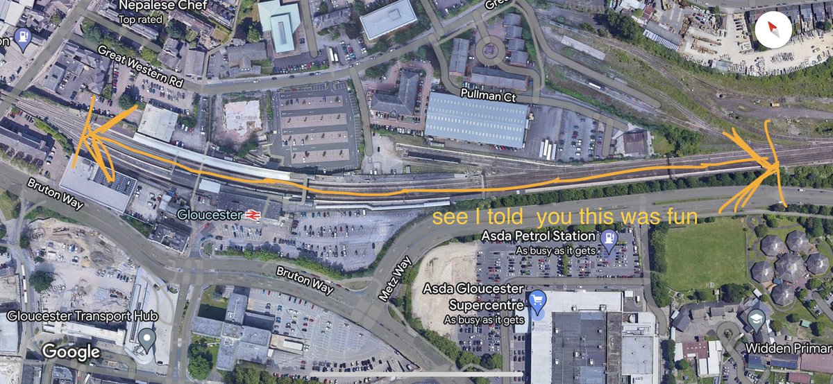 MrTimDunn's tweet photo. Fun facts! Gloucester railway station’s main building may be a horrific mistake, BUT it opened in 1977 with enlarged platform… measuring 1977 ft. Built to fit 2 InterCity 125s, it’s UK’s longest continuous station platform (tho Scarborough has the longest station seat at 456ft). https://t.co/36TIWDKMBi